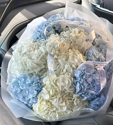 Букет "Небесный взгляд" из 9 королевских гортензий в оформлении