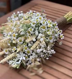 Букет невесты "Левия" из гипсофилы, ромашки и колосков